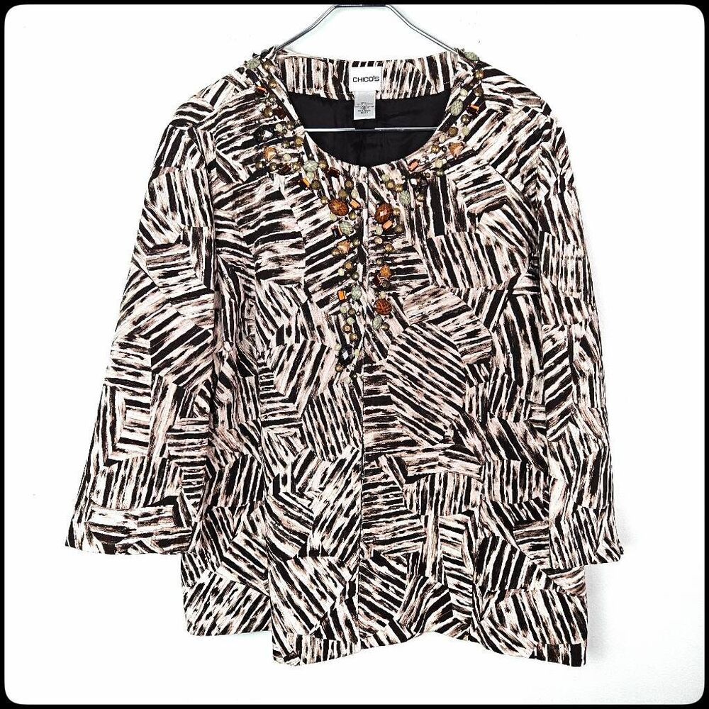 CHICO'S Jeweled Rhinestone Art to Wear Safari Print Tan Cream Blazer Jacket 3 XL